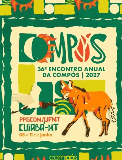 Card de anúncio da edição, com lettering manual, um tuiuiú e um lobo-guará ilustrados sobre blocos de cor