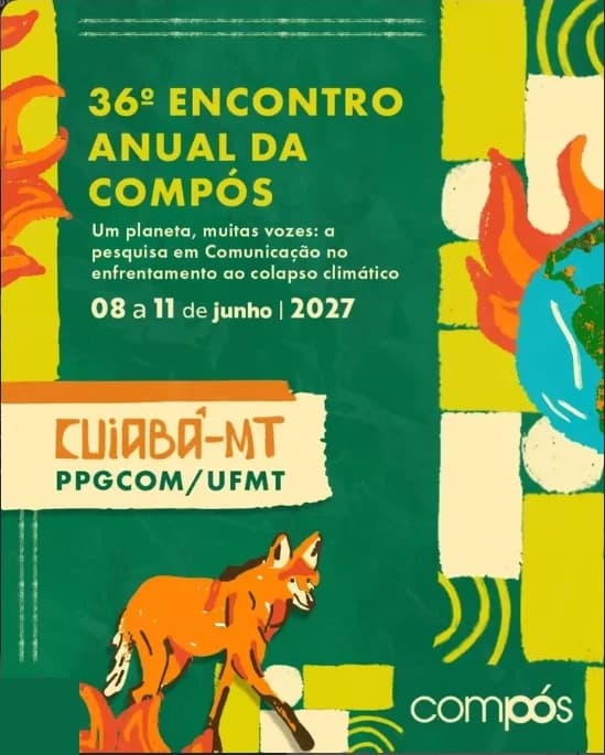 Arte principal do 36º Encontro: fundo verde com recortes de papel, um lobo-guará ilustrado e os dados do evento — Cuiabá-MT, PPGCOM/UFMT, 08 a 11 de junho de 2027